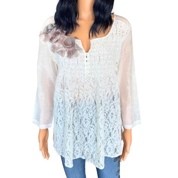 Vintage Linea Domani White Boho Lacy Rosette Tunic Top Size Medium - Picture 2 of 5